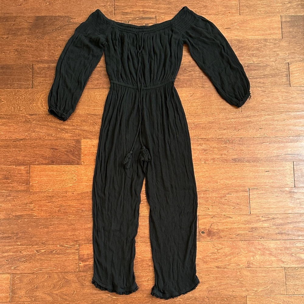 Off-Shoulder Black Jumpsuit with Smocked Waist